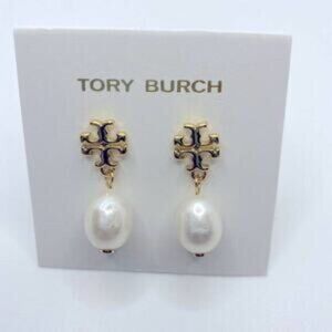 NWOT Tory Burch Gold Logo Stud Drop Pearl Earrings
